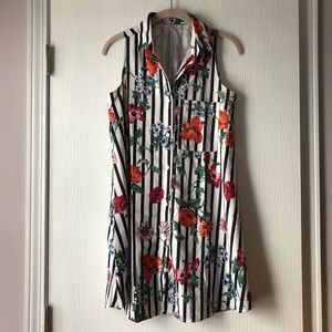 Striped Floral Sleeveless Shirt Dress
